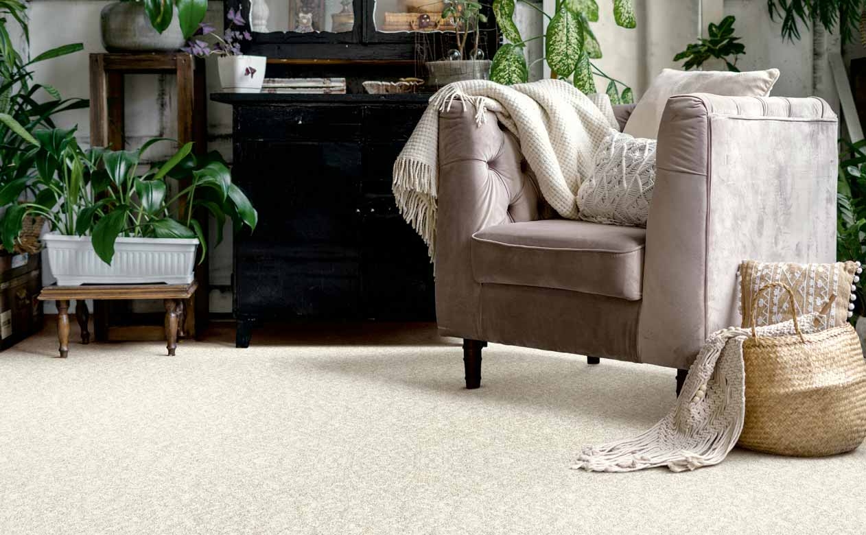 carpet in living room with cozy chair and blanket